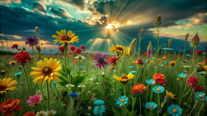 Vibrant wildflowers of every color sway gently in the breeze, basking in the warm glow of sunlight that filters through the clouds in a serene landscape.