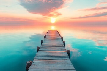 Obraz premium A serene wooden pier leading into calm waters at sunset. Soft colors blend together in the sky and reflect on the water. Perfect for relaxation and travel themes. Generative AI