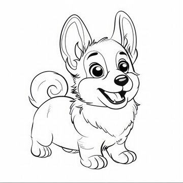 recommend clip art: Happy Corgi puppy with large ears and curly tail. Black and white line art illustration. Cute animal character design for coloring book. Generative AI