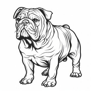 recommend clip art: Standing bulldog with wrinkled face and muscular build. Black and white line art illustration. Cute animal character design for coloring book. Generative AI