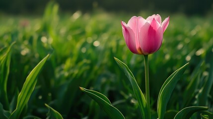Obraz premium A pink tulip in a field of green, symbolizing elegance and grace