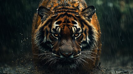 A majestic Bengal tiger with piercing eyes walks towards the camera in a jungle setting with rain falling around it.