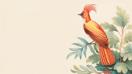 Vibrant illustration of a colorful bird perched on a leafy branch, showcasing intricate details and artistic design.