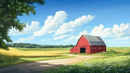 Obraz premium A red barn in a rural landscape, surrounded by green fields and blue sky