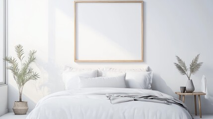 Elegant Modern Bedroom with Mock-Up Frame Above Bed and Ambient Lighting, Generative Ai