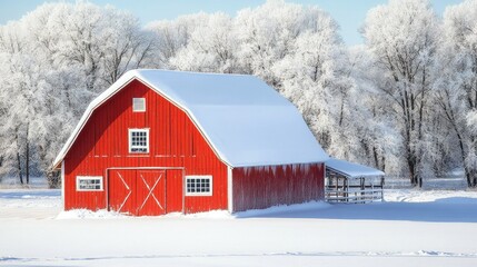 A red barn with a snow-covered roof, symbolizing rural life in winter