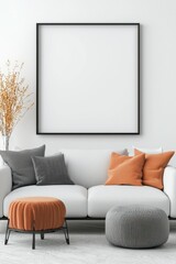 Modern Living Room Interior with Mock-Up Frame, Cozy Sofa, and Soft Lighting in 3D Render, Generative Ai