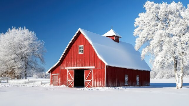 A red barn with a snow-covered roof, symbolizing rural life in winter