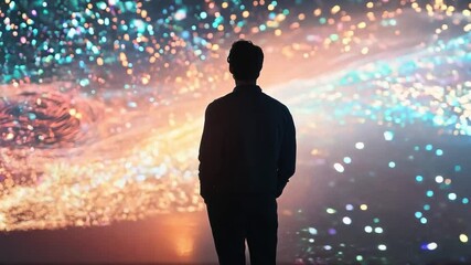 A silhouette of a person stands admiring a bright digital display filled with dynamic, colorful patterns in a dimly lit environment.