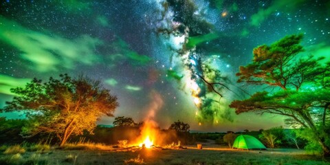 Vibrant camping fire crackles beneath a stunning celestial canvas of twinkling stars, soft clouds, and deep blues, evoking a sense of serene wilderness adventure and magical possibilities.