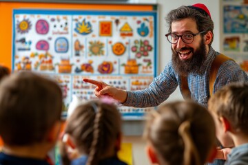 Obraz premium A cheerful Jewish teacher gives a lesson to children, talks about Jewish traditions, points to a board with symbols. Concept Rosh Hashanah, Hanukkah