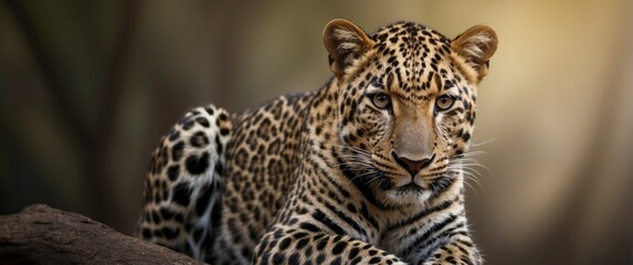 Fototapeta premium A Close-Up Portrait of a Leopard Resting on a Branch