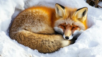 A red fox curled up in a snowy den, symbolizing warmth and survival