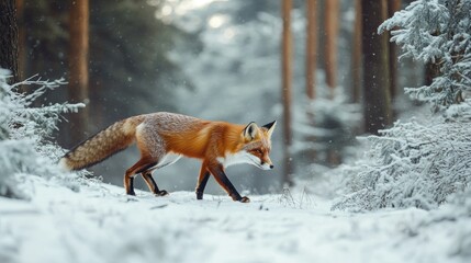 A red fox hunting in a snowy forest, symbolizing survival and adaptation