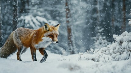 Obraz premium A red fox hunting in a snowy forest, symbolizing survival and adaptation