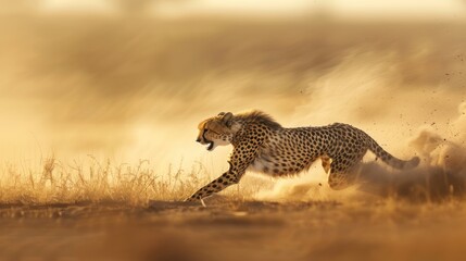 Cheetah Running Through Dust at Sunset