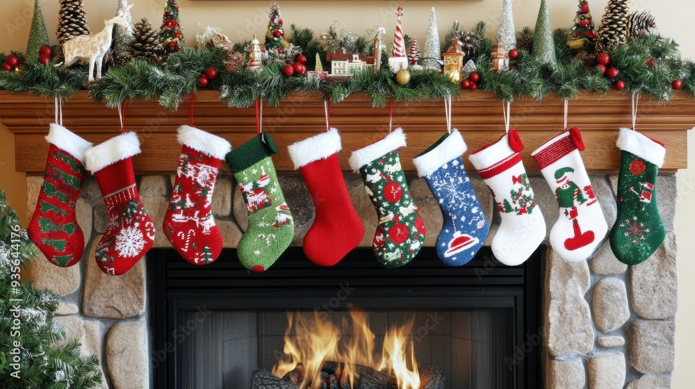 Poster a fireplace with stockings hanging from it and a christmas tree, ai