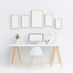 Fototapeta premium Serene Minimalist Workspace with Inspirational Frames and Stylish Lamp, Generative Ai