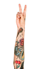 V sign png tattooed hand gesture sticker, victory peace sign language on transparent background