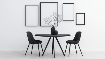 Elegant Dining Area with Round Table, Stylish Chairs, and Contemporary Art Frames on Wall, Generative Ai