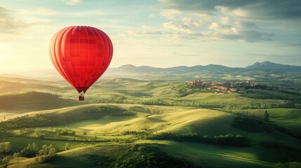 A red hot air balloon floating over a green landscape, symbolizing adventure