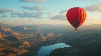 A red hot air balloon floating over a scenic landscape, symbolizing adventure and exploration