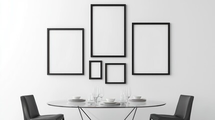 Contemporary Dining Room Interior with Glass Table, Stylish Chairs, and Minimalist Art Frames on Wall, Generative Ai