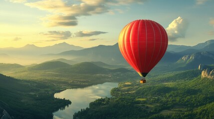 Fototapeta premium A red hot air balloon floating over a scenic landscape, symbolizing adventure and exploration