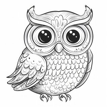 recommend clip art: Adorable cartoon owl with large eyes and detailed feathers. Black and white line art illustration. Cute animal character design for coloring book. Generative AI