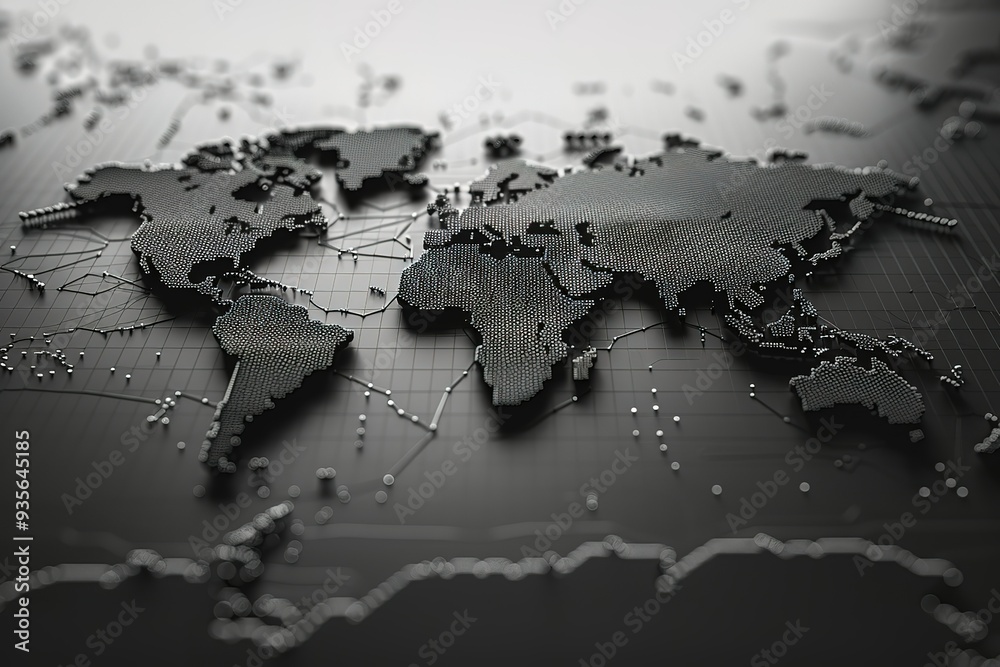Wall mural a black and white image of a world map with a lot of dots on it