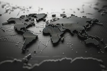 A black and white image of a world map with a lot of dots on it