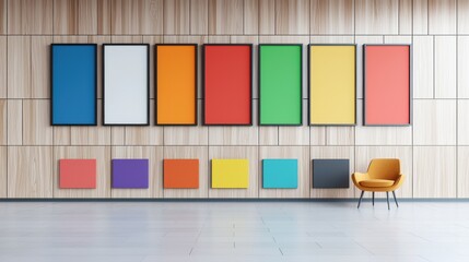 Obraz premium Contemporary Art Gallery in Office Setting with Wooden Panel Wall - 3D Render, Generative Ai