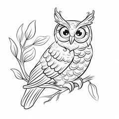 Obraz premium Adorable cartoon owl with large eyes perched on a branch with leaves. Black and white line art illustration. Cute animal character design for coloring book. Generative AI