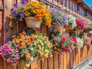 Vibrant hanging baskets overflowing with assorted blooming flowers in shades of pink, yellow, orange, and purple cascade down a rustic wooden wall or fence.