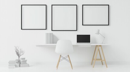Minimalist Black-and-White Photo Frames in Modern Workspace - Ultra-Detailed 3D Render, Generative Ai