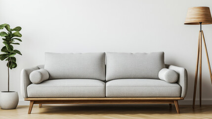 Minimalist sofa mockup with wooden legs and light gray fabric, white background, wooden floor lamp, and a plant in a vase. Scandinavian home interior design for the living room