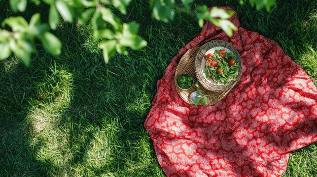 A red picnic blanket spread out on green grass, ready for a summer meal