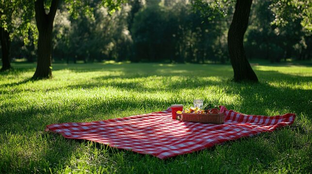 A red picnic blanket spread out on green grass, ready for a summer meal