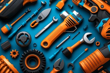 A banner with a collage of tools and machinery, with each tool representing a different profession, and the text "Tools of the Trade