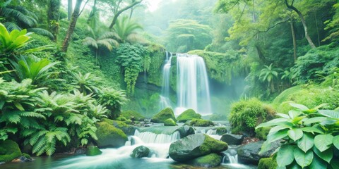 Fototapeta premium Serene misty forest scene featuring a majestic waterfall cascading down moss-covered rocks, surrounded by lush green foliage and vibrant tropical plants.