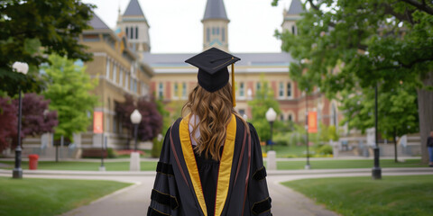 Obraz premium Young Woman in Graduation Cap and Gown Standing Outdoors – Back View of University Graduate