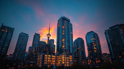 Fototapeta premium Stunning sunset over a modern city skyline with tall buildings and a prominent tower, creating a vibrant urban atmosphere.