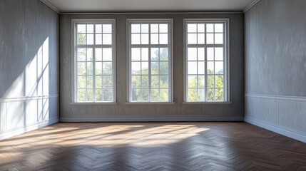 windows in an empty room with a parquet floor background, gray walls, and sunlight streaming through the windows