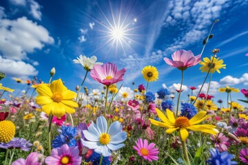 Vibrant blooms of pink, purple, and yellow flowers sway gently in a lush, sun-drenched field, creating a stunning tapestry of natural beauty and color.