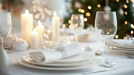 A white dining table set for a special occasion, with elegant dinnerware and candles