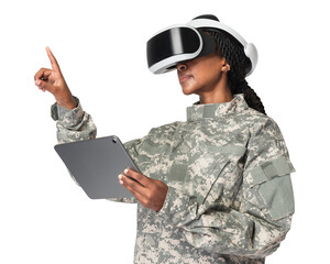 Female soldier using tablet with VR headset png mockup