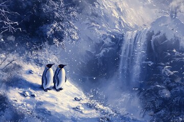 Two Penguins Admiring a Snowy Waterfall.
