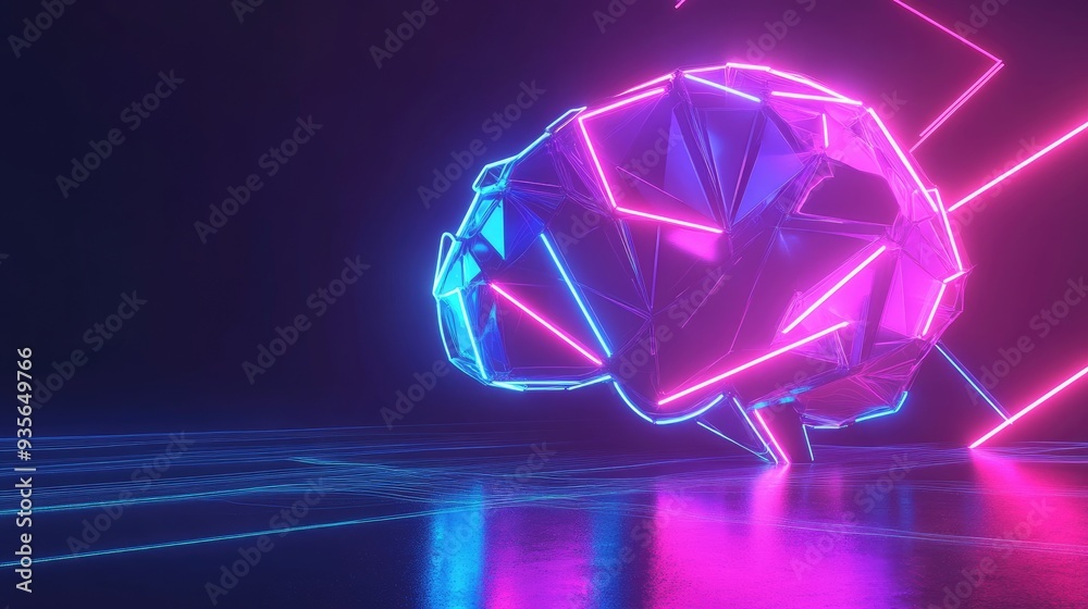 Fototapete a stylized ai brain composed of geometric shapes and neon lines, with space beside it for text.