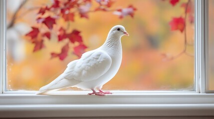 Fototapeta premium A white dove perched on a windowsill, symbolizing peace and hope