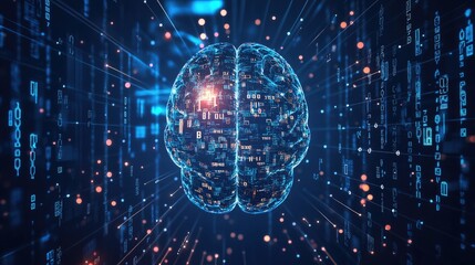 Fototapeta premium A stylized digital brain surrounded by binary code, representing AI technology, with room for text.